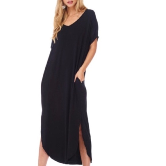 ⬇️BLACK Boho Oversized Slouchy Maxi Dress +Pockets - Picture 2 of 3
